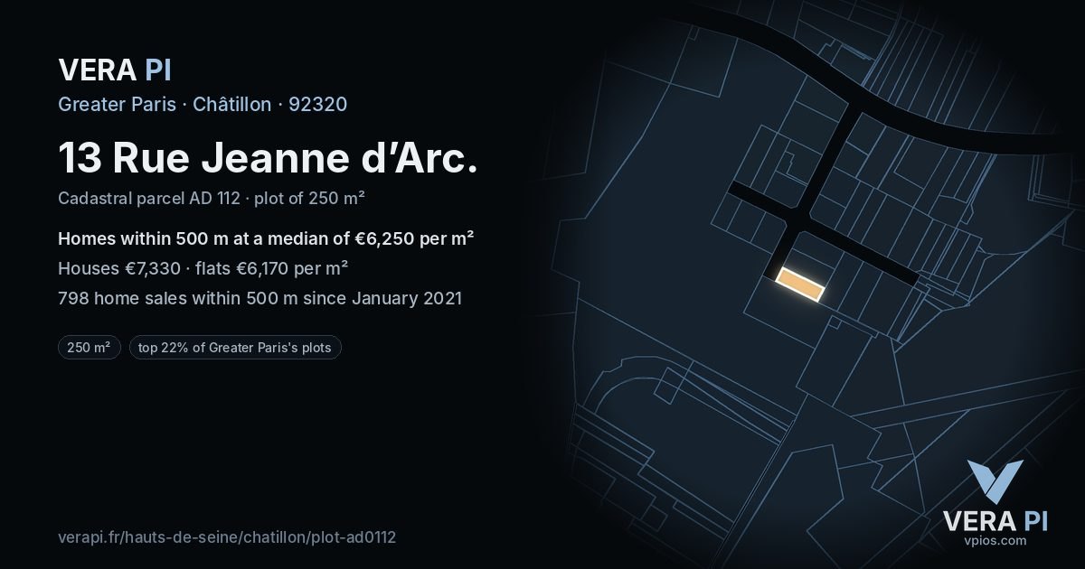 13 Rue Jeanne d’Arc, Châtillon at night – the plot lit, the parcels around coloured by the prices near them