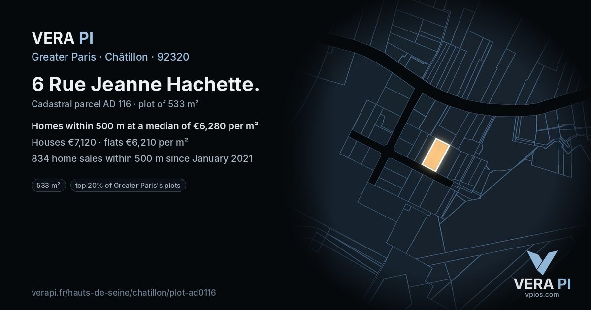 6 Rue Jeanne Hachette, Châtillon at night – the plot lit, the parcels around coloured by the prices near them