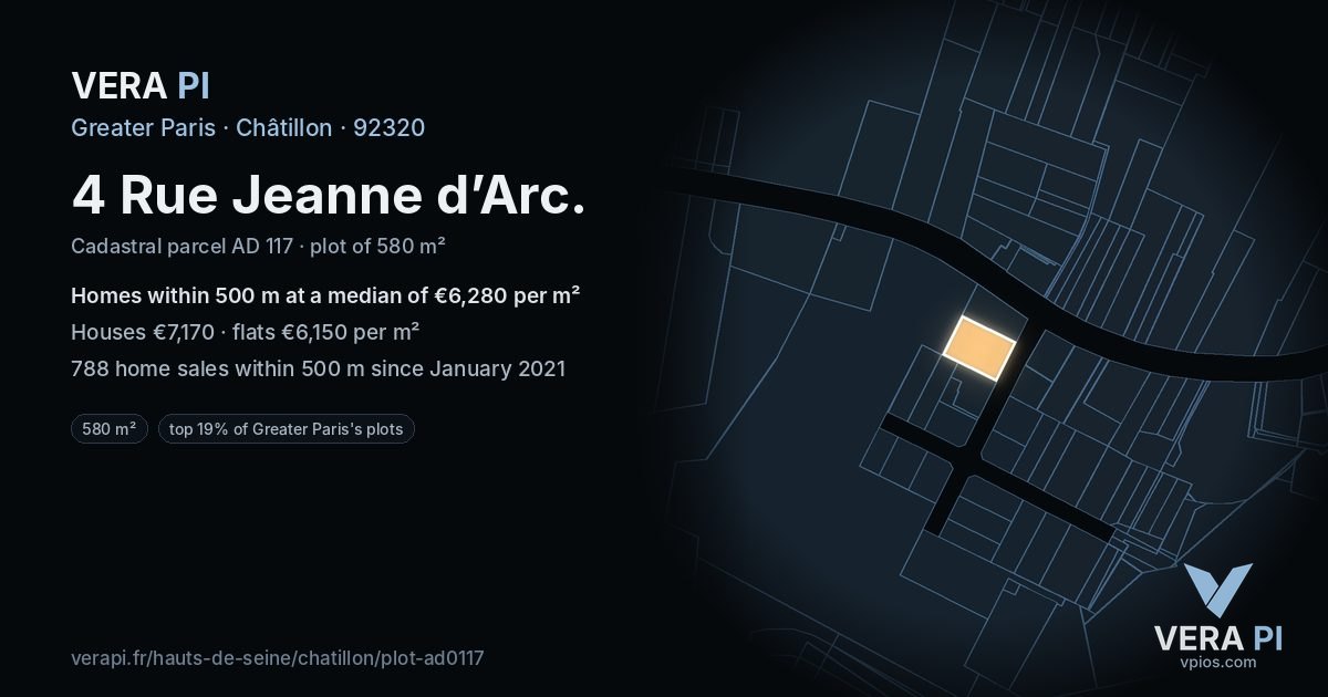 4 Rue Jeanne d’Arc, Châtillon at night – the plot lit, the parcels around coloured by the prices near them