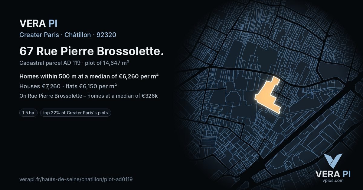 67 Rue Pierre Brossolette, Châtillon at night – the plot lit, the parcels around coloured by the prices near them