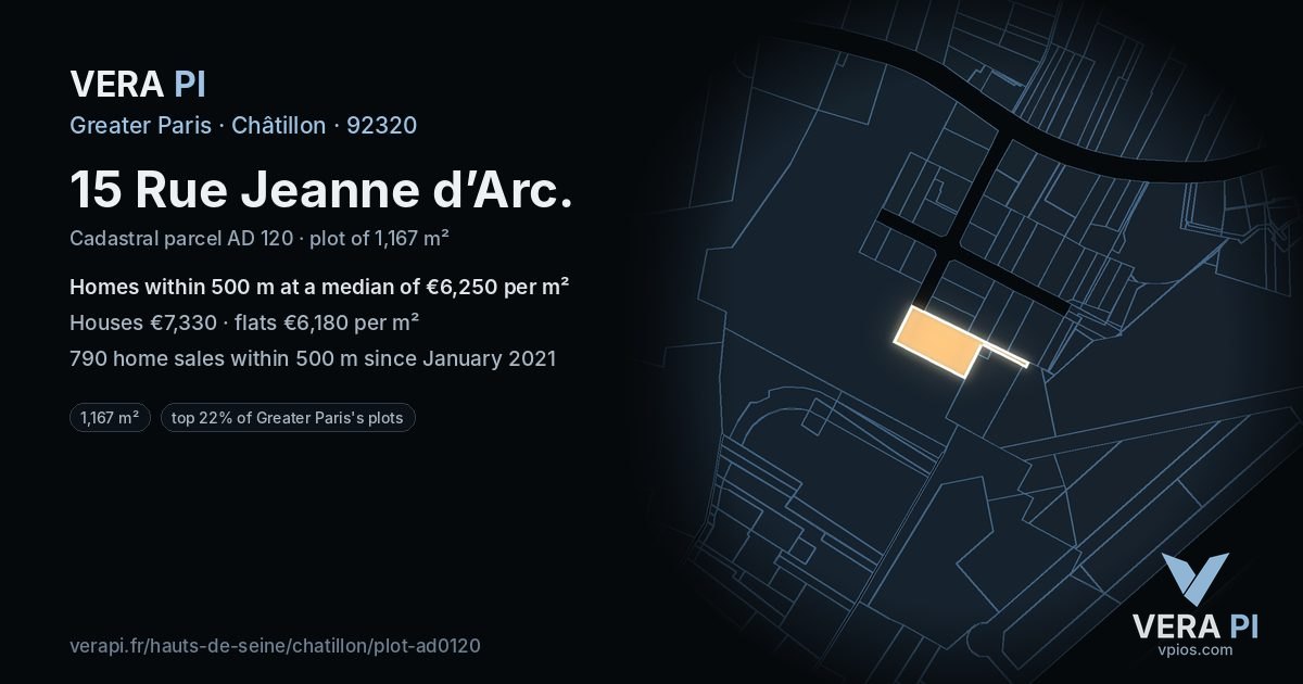 15 Rue Jeanne d’Arc, Châtillon at night – the plot lit, the parcels around coloured by the prices near them