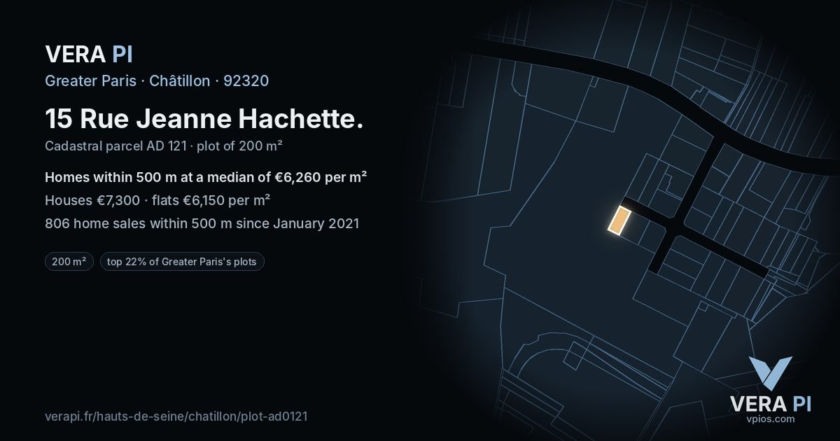 15 Rue Jeanne Hachette, Châtillon at night – the plot lit, the parcels around coloured by the prices near them