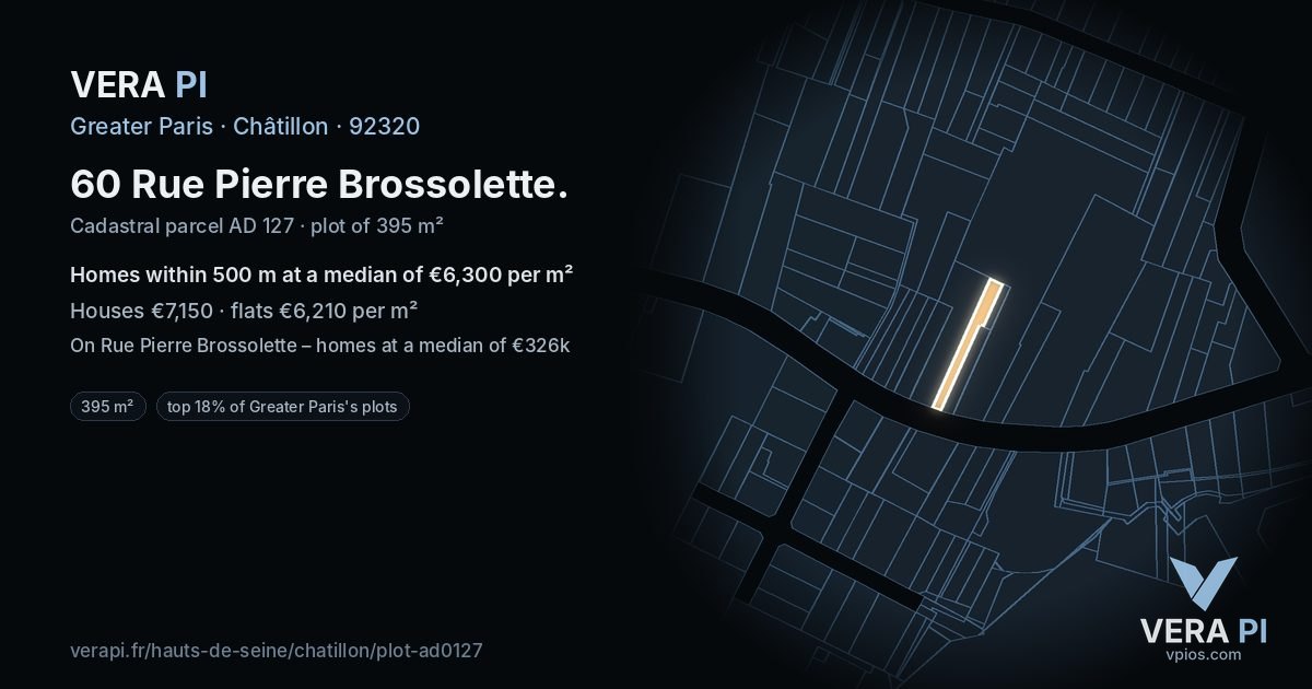 60 Rue Pierre Brossolette, Châtillon at night – the plot lit, the parcels around coloured by the prices near them