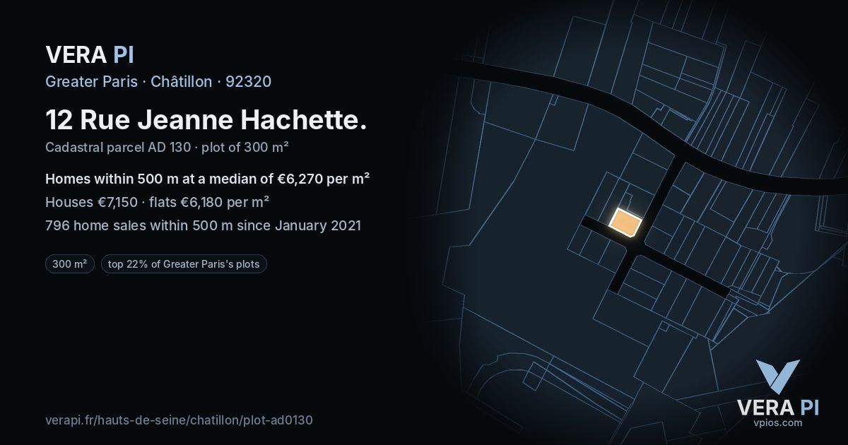 12 Rue Jeanne Hachette, Châtillon at night – the plot lit, the parcels around coloured by the prices near them