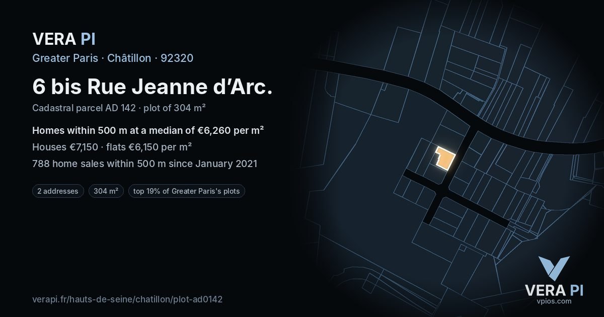 6 bis Rue Jeanne d’Arc, Châtillon at night – the plot lit, the parcels around coloured by the prices near them