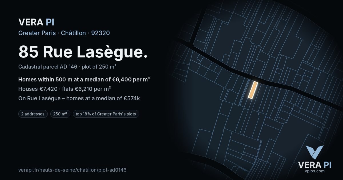 85 Rue Lasègue, Châtillon at night – the plot lit, the parcels around coloured by the prices near them
