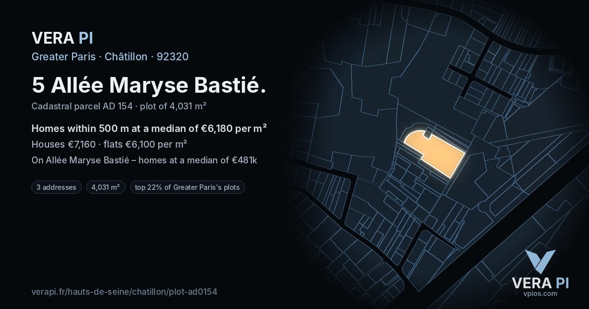 5 Allée Maryse Bastié, Châtillon at night – the plot lit, the parcels around coloured by the prices near them
