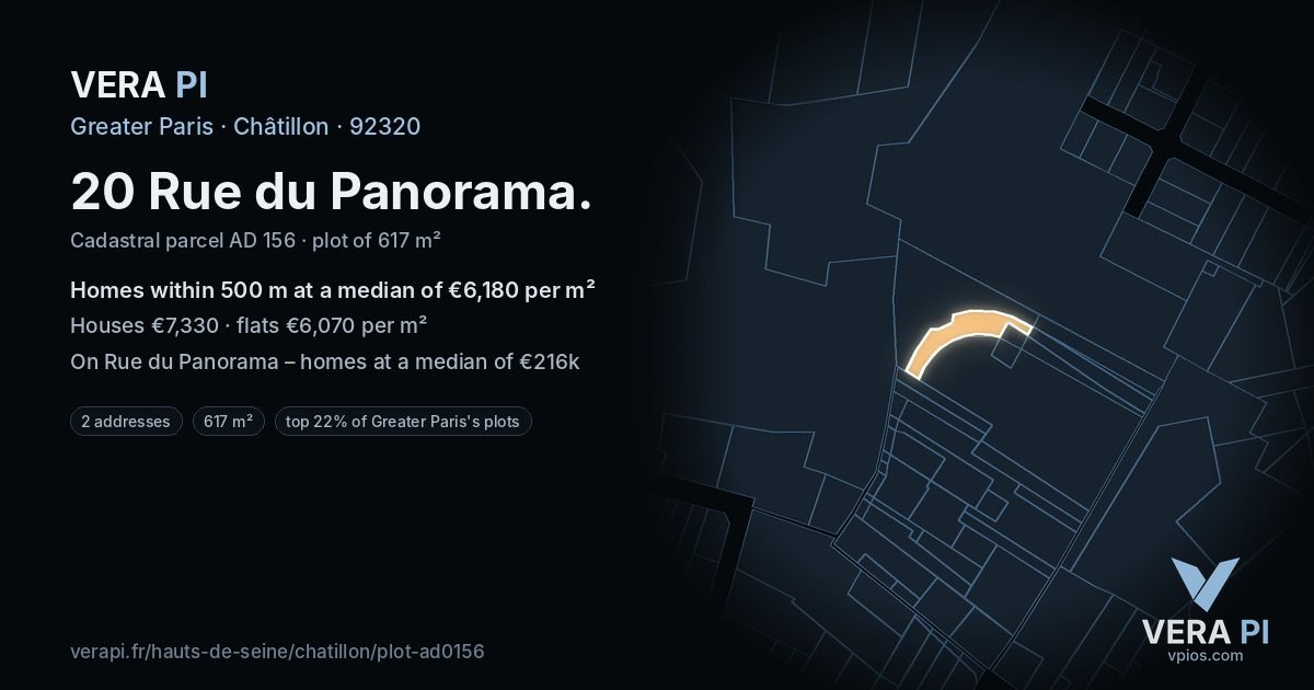 20 Rue du Panorama, Châtillon at night – the plot lit, the parcels around coloured by the prices near them