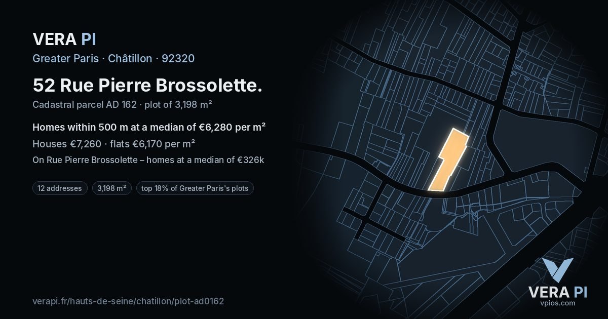 52 Rue Pierre Brossolette, Châtillon at night – the plot lit, the parcels around coloured by the prices near them