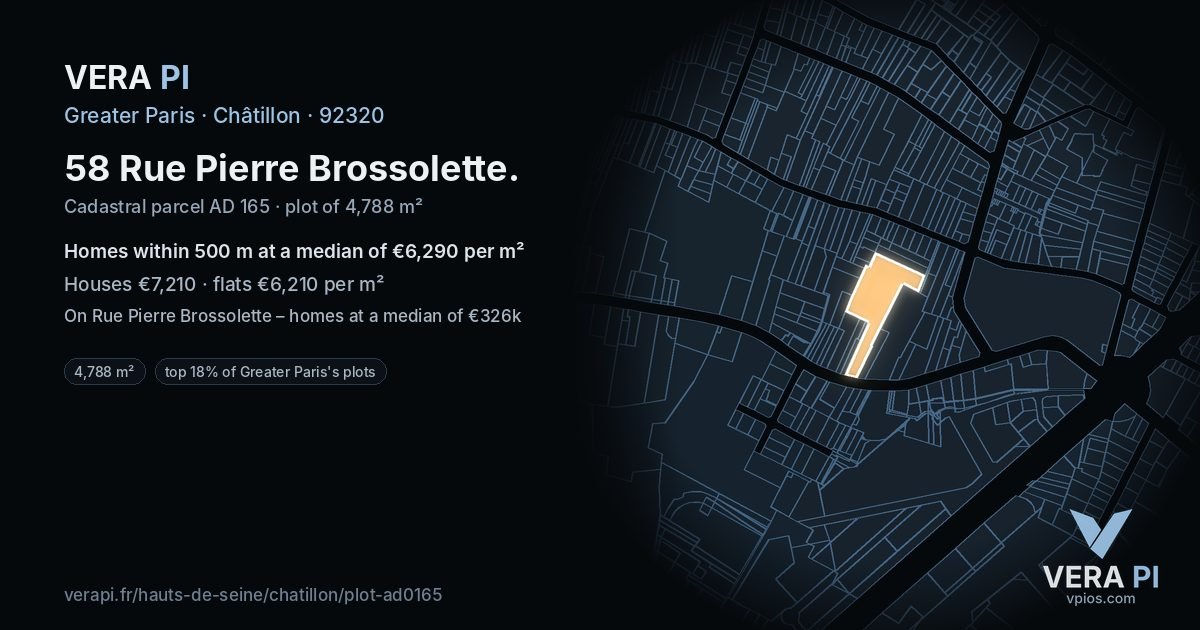 58 Rue Pierre Brossolette, Châtillon at night – the plot lit, the parcels around coloured by the prices near them