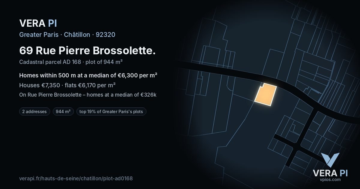 69 Rue Pierre Brossolette, Châtillon at night – the plot lit, the parcels around coloured by the prices near them