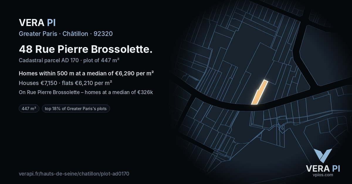 48 Rue Pierre Brossolette, Châtillon at night – the plot lit, the parcels around coloured by the prices near them