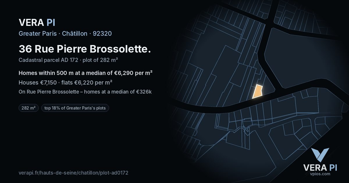 36 Rue Pierre Brossolette, Châtillon at night – the plot lit, the parcels around coloured by the prices near them
