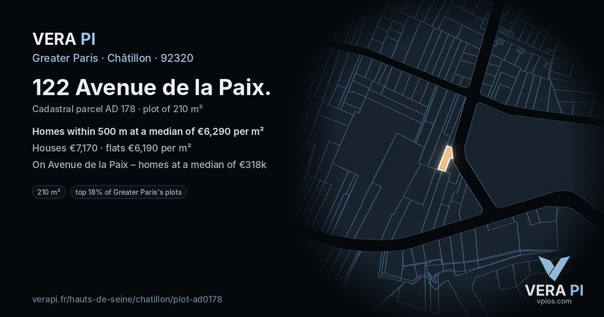 122 Avenue de la Paix, Châtillon at night – the plot lit, the parcels around coloured by the prices near them