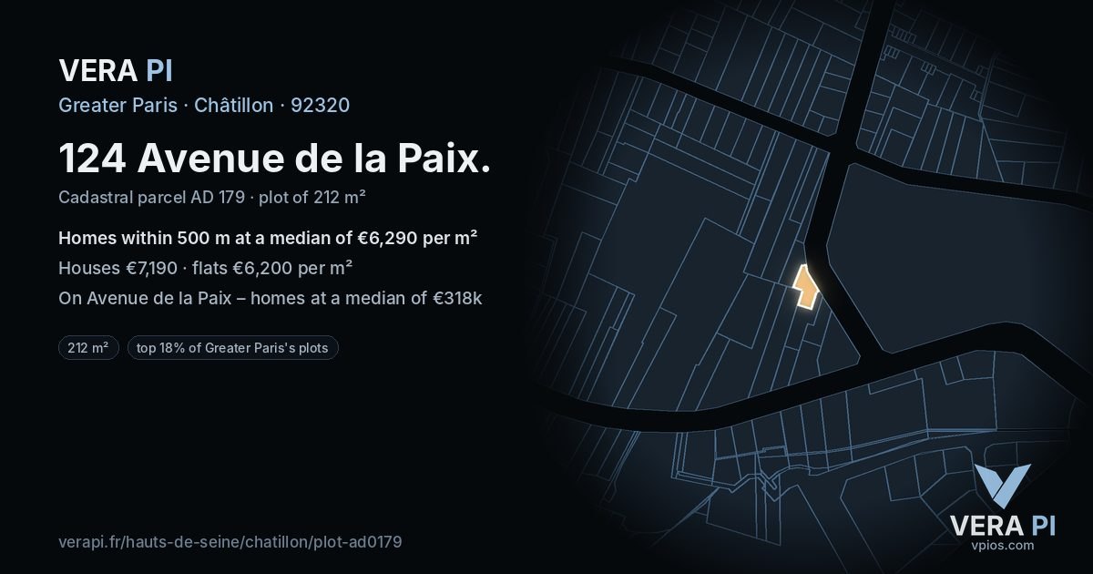 124 Avenue de la Paix, Châtillon at night – the plot lit, the parcels around coloured by the prices near them