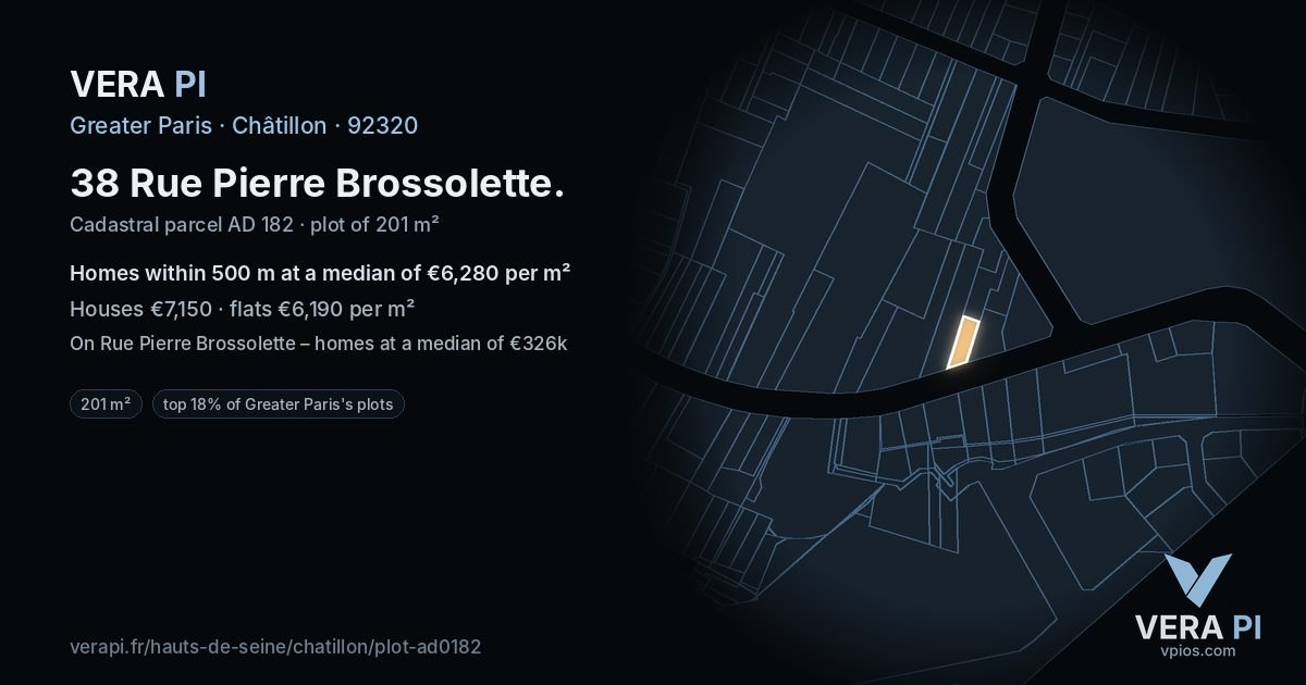 38 Rue Pierre Brossolette, Châtillon at night – the plot lit, the parcels around coloured by the prices near them