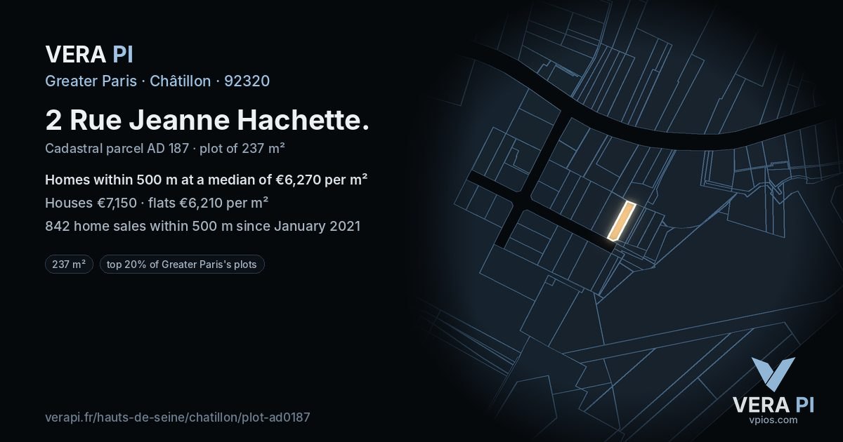 2 Rue Jeanne Hachette, Châtillon at night – the plot lit, the parcels around coloured by the prices near them