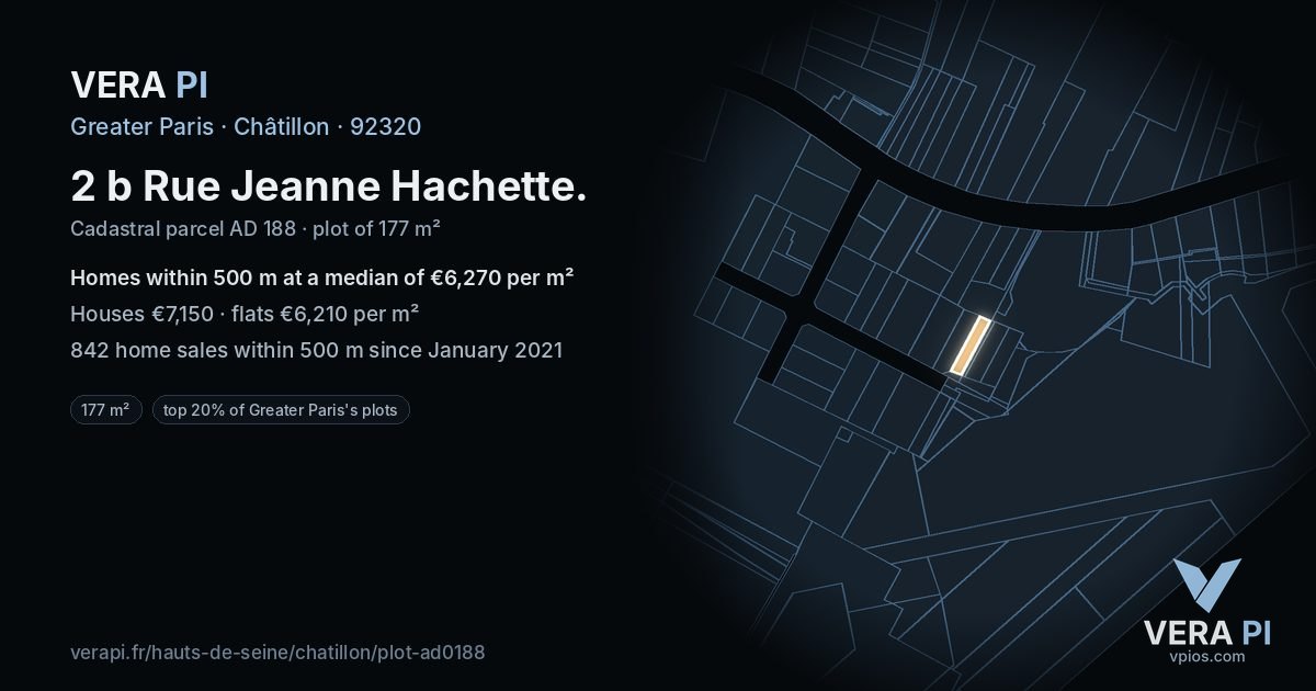 2 b Rue Jeanne Hachette, Châtillon at night – the plot lit, the parcels around coloured by the prices near them