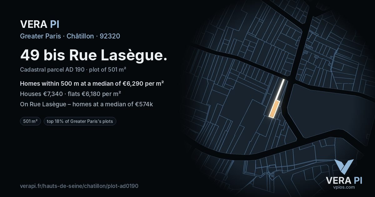 49 bis Rue Lasègue, Châtillon at night – the plot lit, the parcels around coloured by the prices near them