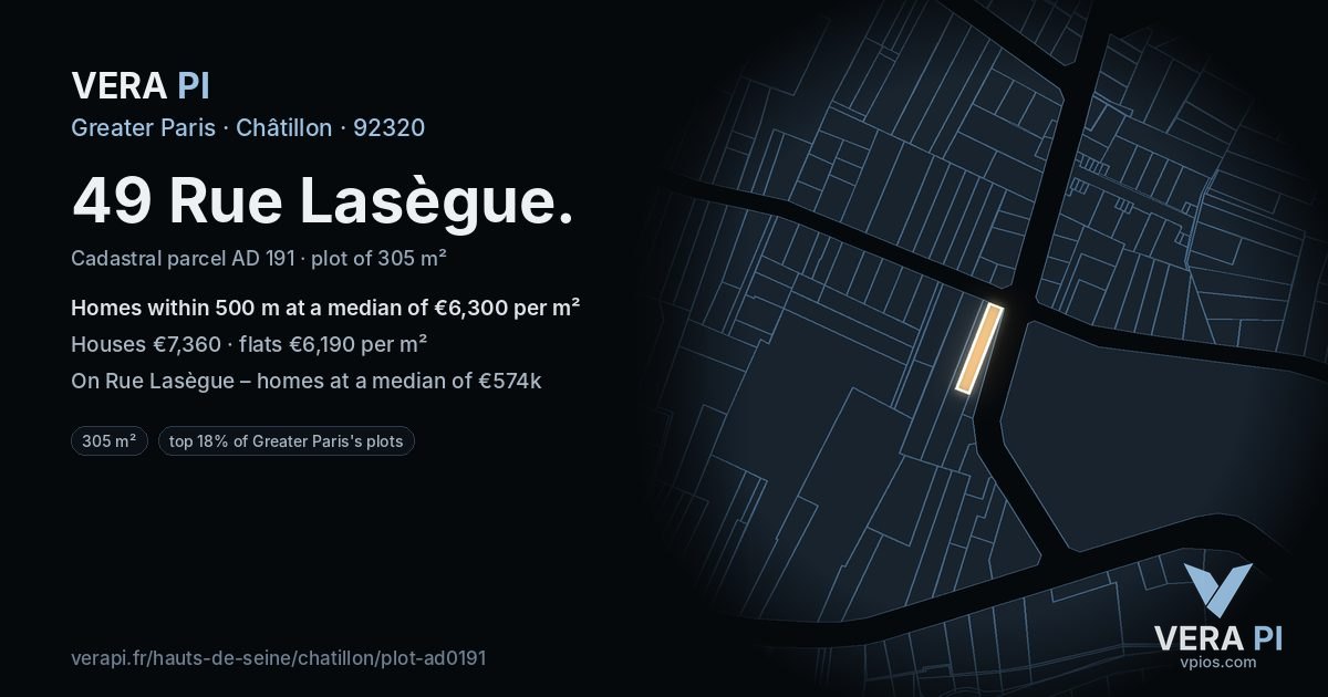 49 Rue Lasègue, Châtillon at night – the plot lit, the parcels around coloured by the prices near them