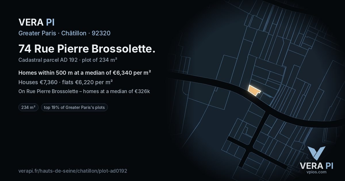 74 Rue Pierre Brossolette, Châtillon at night – the plot lit, the parcels around coloured by the prices near them