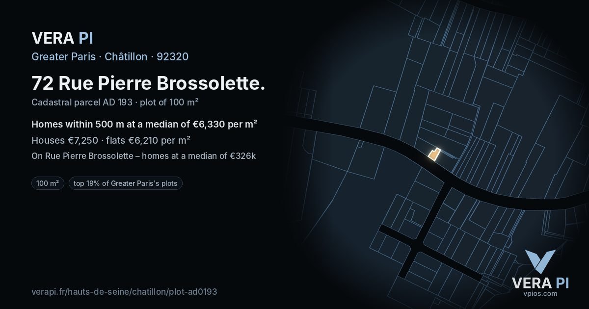 72 Rue Pierre Brossolette, Châtillon at night – the plot lit, the parcels around coloured by the prices near them