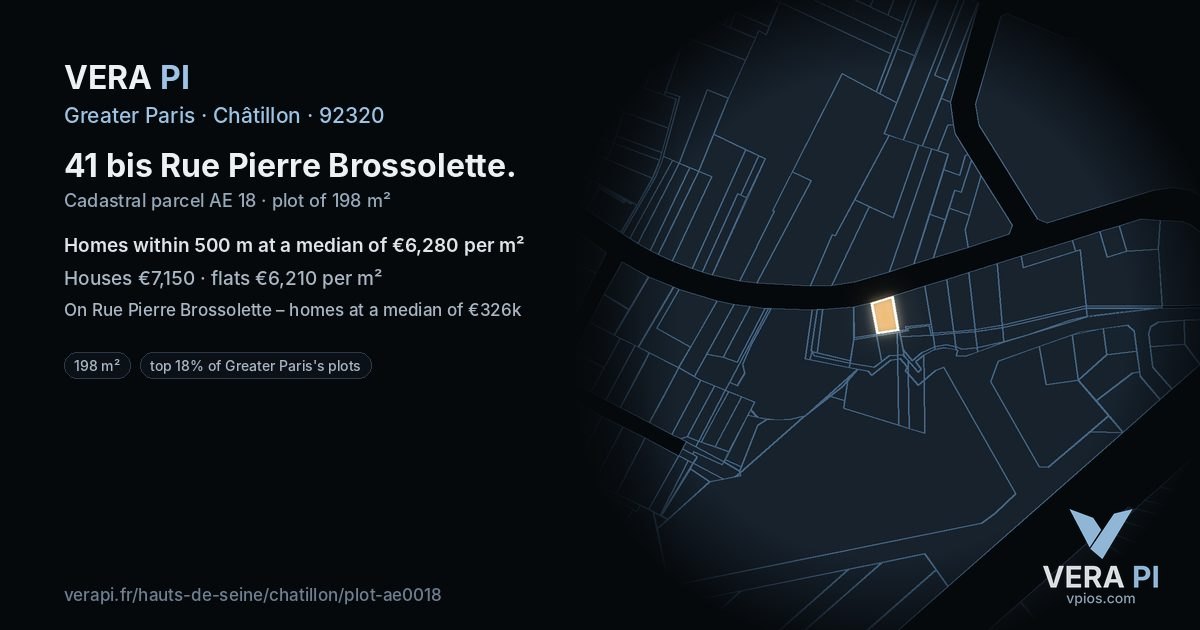 41 bis Rue Pierre Brossolette, Châtillon at night – the plot lit, the parcels around coloured by the prices near them