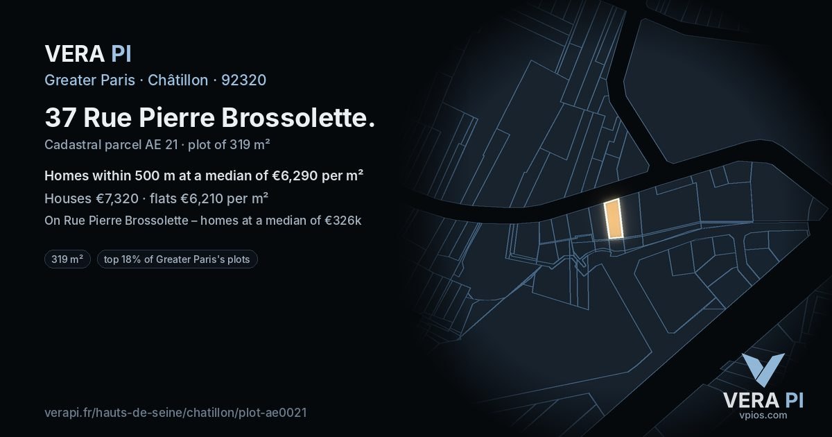 37 Rue Pierre Brossolette, Châtillon at night – the plot lit, the parcels around coloured by the prices near them