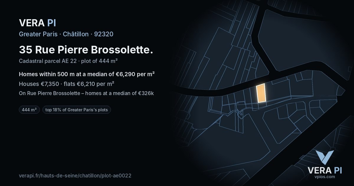 35 Rue Pierre Brossolette, Châtillon at night – the plot lit, the parcels around coloured by the prices near them