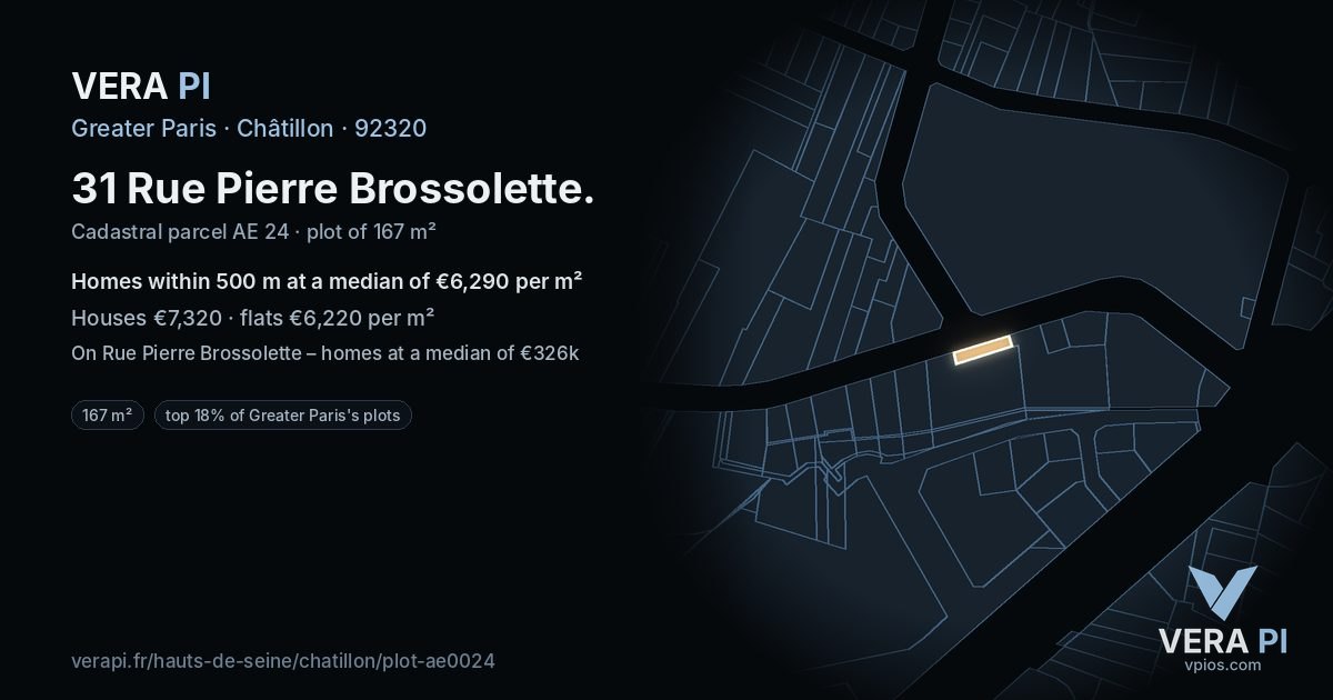 31 Rue Pierre Brossolette, Châtillon at night – the plot lit, the parcels around coloured by the prices near them