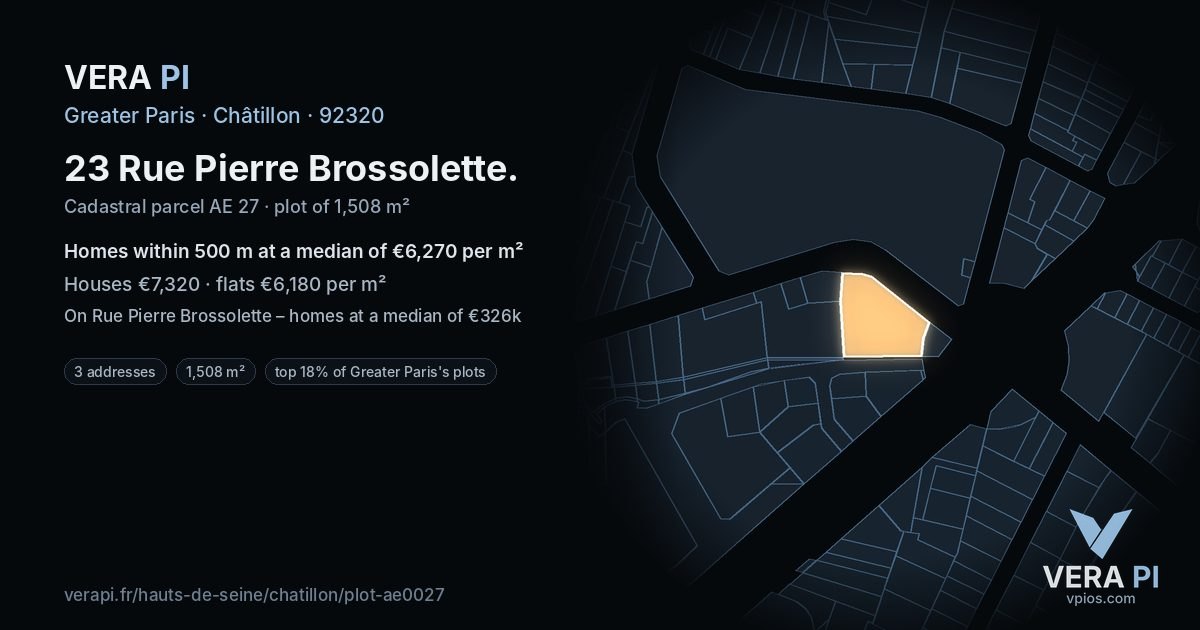 23 Rue Pierre Brossolette, Châtillon at night – the plot lit, the parcels around coloured by the prices near them