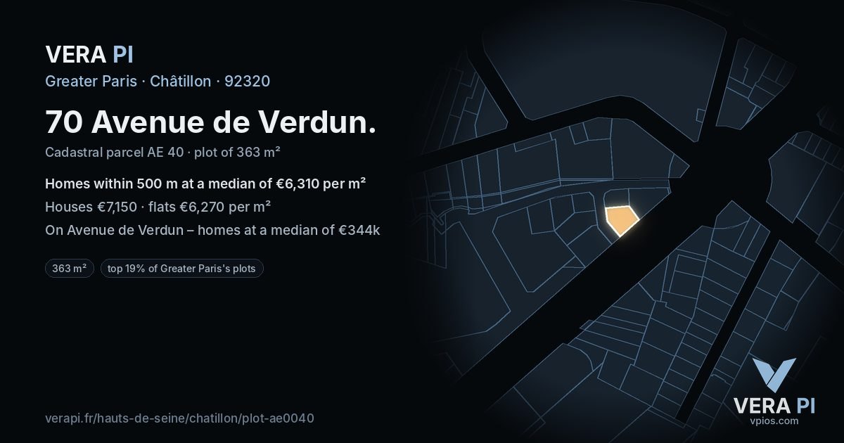 70 Avenue de Verdun, Châtillon at night – the plot lit, the parcels around coloured by the prices near them
