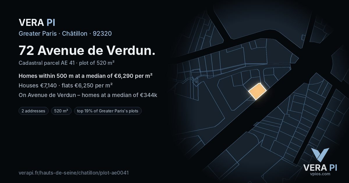 72 Avenue de Verdun, Châtillon at night – the plot lit, the parcels around coloured by the prices near them
