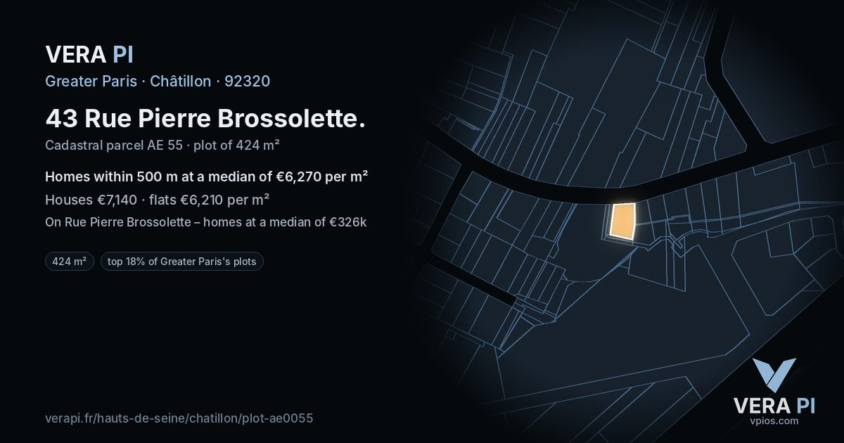 43 Rue Pierre Brossolette, Châtillon at night – the plot lit, the parcels around coloured by the prices near them