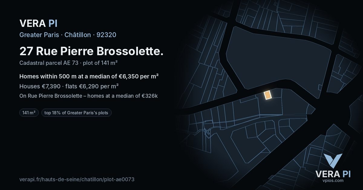 27 Rue Pierre Brossolette, Châtillon at night – the plot lit, the parcels around coloured by the prices near them