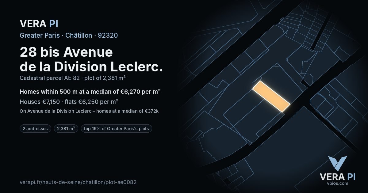 28 bis Avenue de la Division Leclerc, Châtillon at night – the plot lit, the parcels around coloured by the prices near them