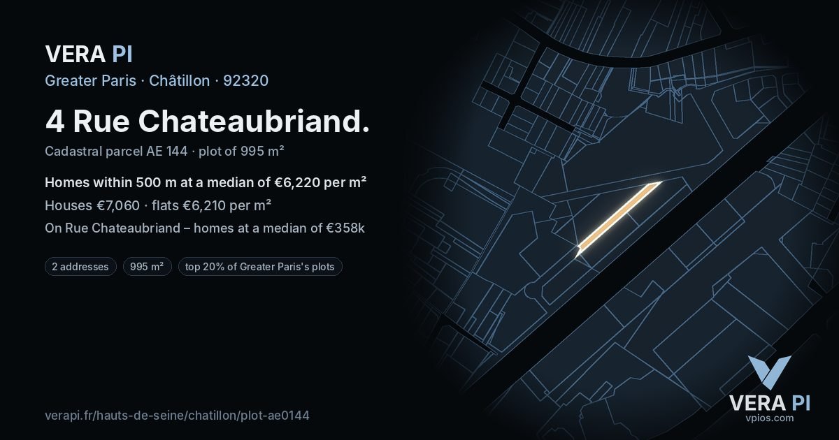 4 Rue Chateaubriand, Châtillon at night – the plot lit, the parcels around coloured by the prices near them