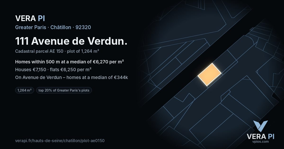 111 Avenue de Verdun, Châtillon at night – the plot lit, the parcels around coloured by the prices near them