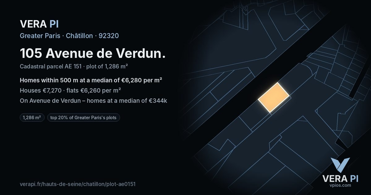 105 Avenue de Verdun, Châtillon at night – the plot lit, the parcels around coloured by the prices near them