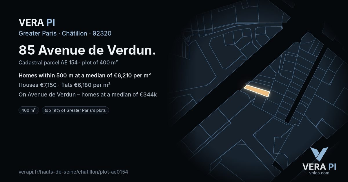 85 Avenue de Verdun, Châtillon at night – the plot lit, the parcels around coloured by the prices near them