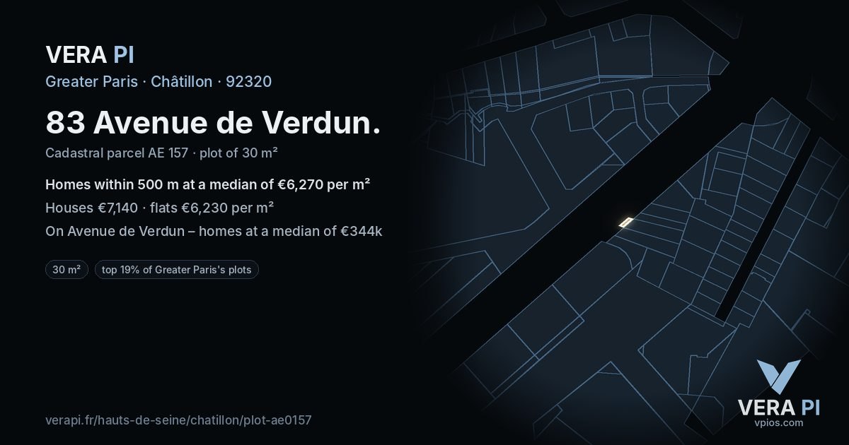 83 Avenue de Verdun, Châtillon at night – the plot lit, the parcels around coloured by the prices near them