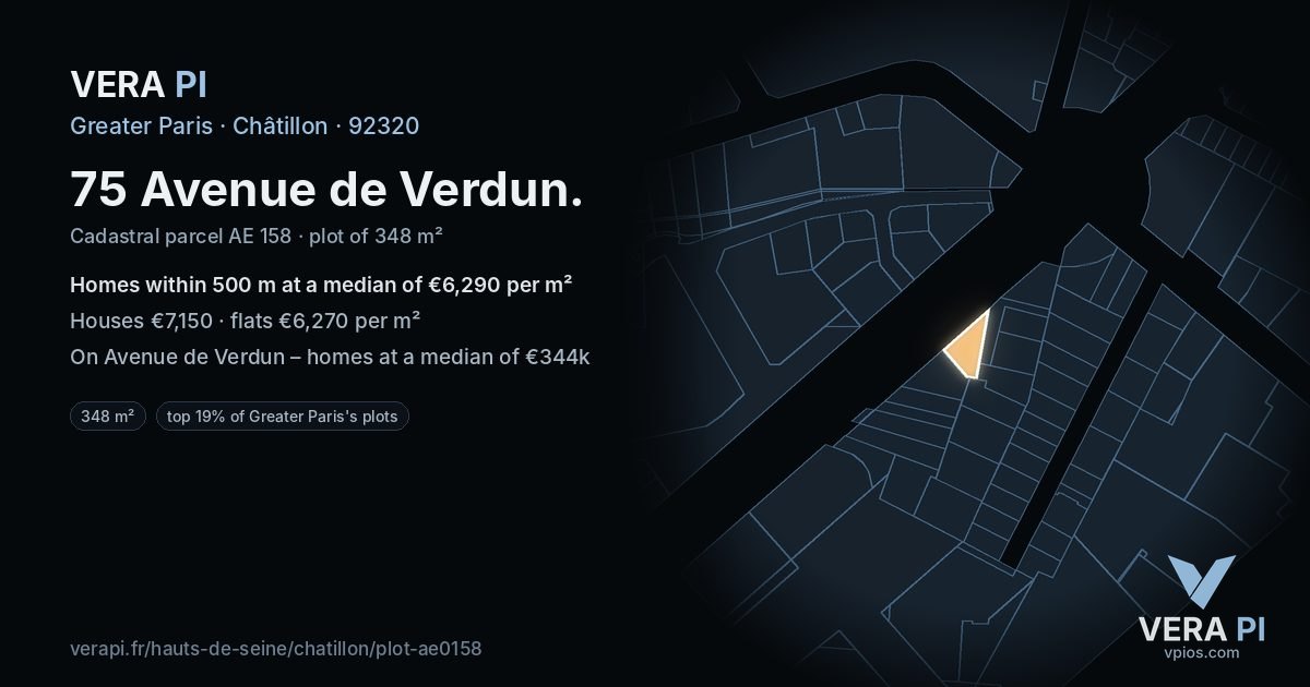 75 Avenue de Verdun, Châtillon at night – the plot lit, the parcels around coloured by the prices near them
