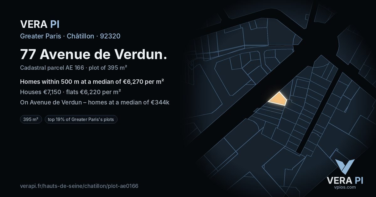77 Avenue de Verdun, Châtillon at night – the plot lit, the parcels around coloured by the prices near them