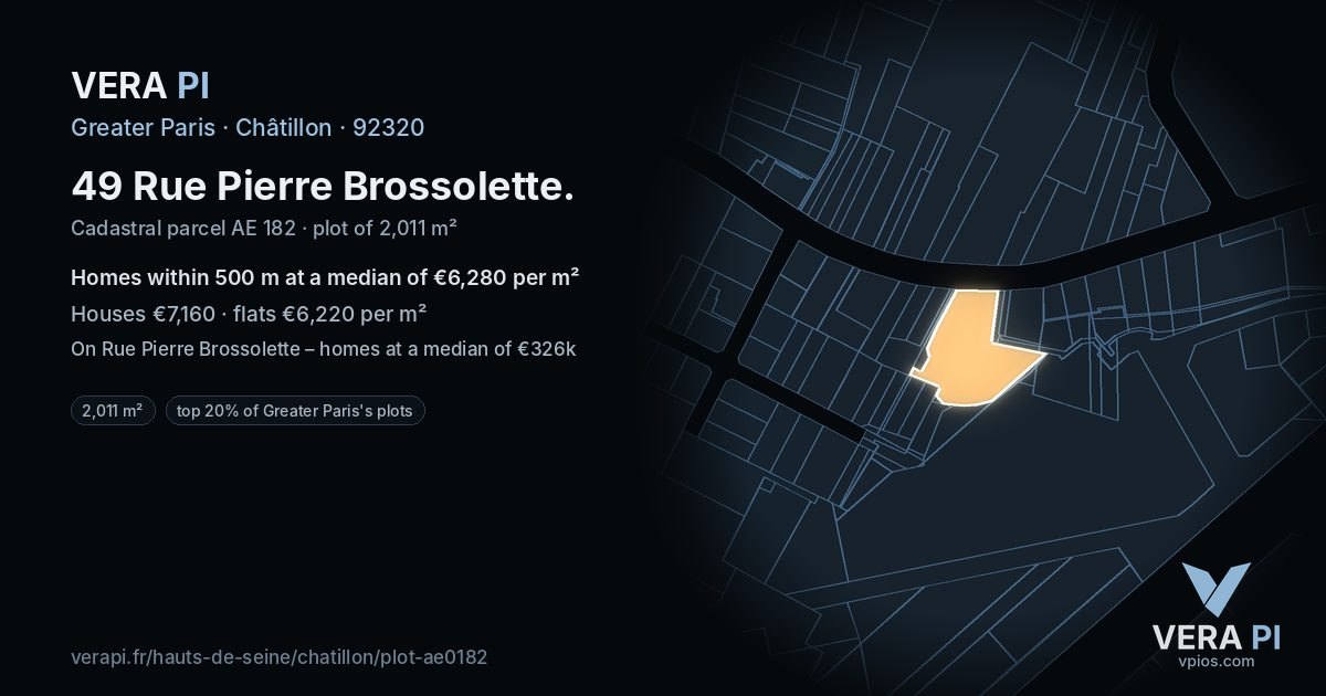 49 Rue Pierre Brossolette, Châtillon at night – the plot lit, the parcels around coloured by the prices near them