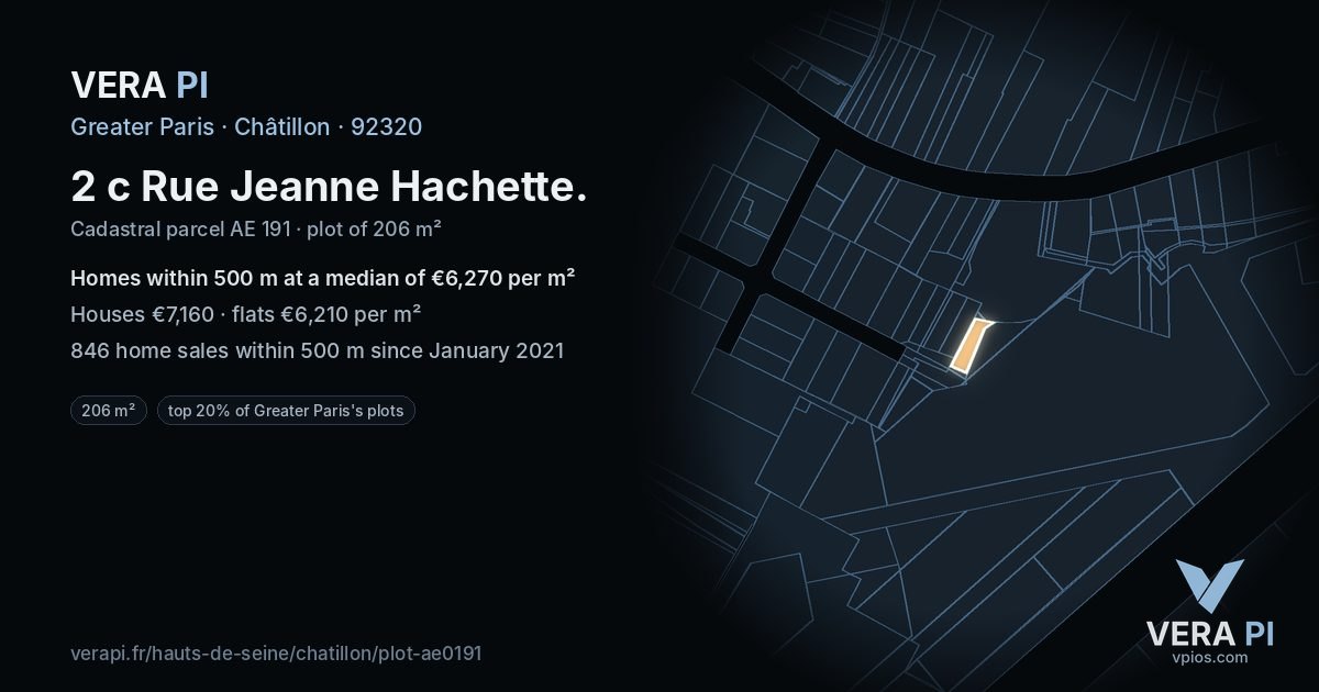 2 c Rue Jeanne Hachette, Châtillon at night – the plot lit, the parcels around coloured by the prices near them