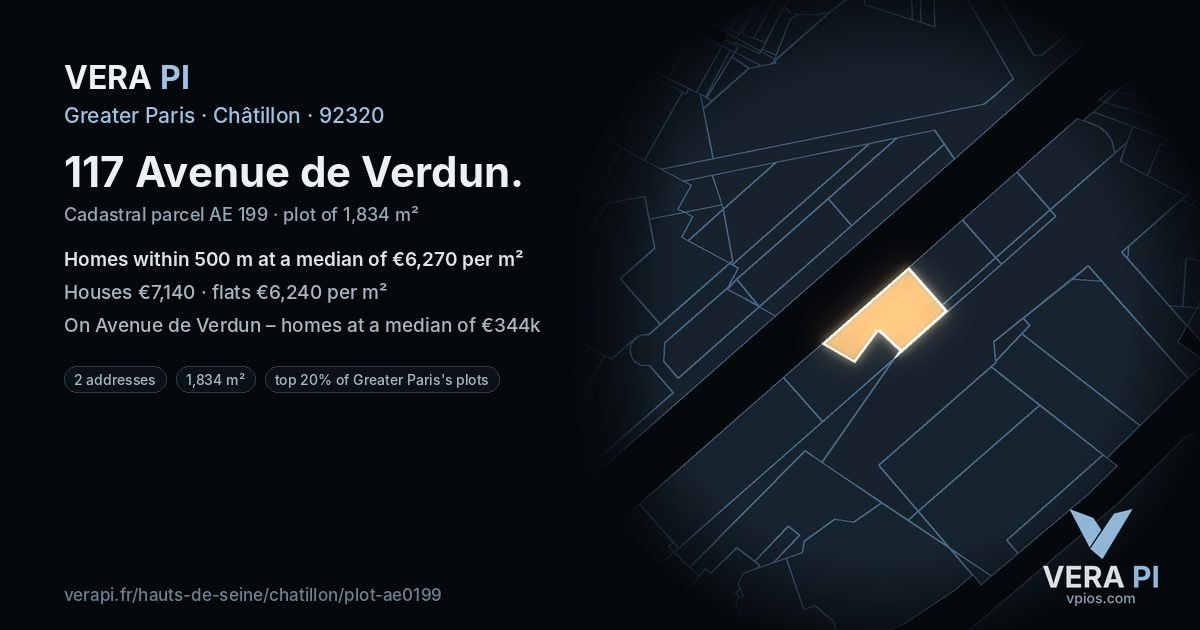 117 Avenue de Verdun, Châtillon at night – the plot lit, the parcels around coloured by the prices near them