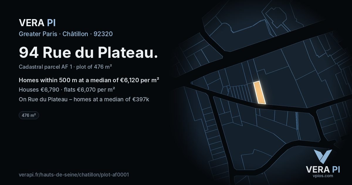 94 Rue du Plateau, Châtillon at night – the plot lit, the parcels around coloured by the prices near them