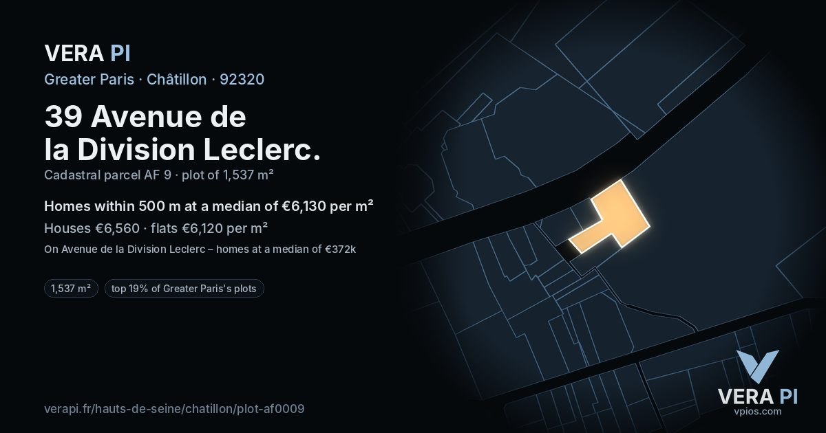 39 Avenue de la Division Leclerc, Châtillon at night – the plot lit, the parcels around coloured by the prices near them