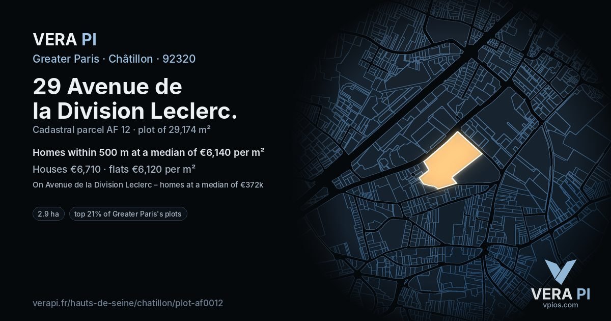 29 Avenue de la Division Leclerc, Châtillon at night – the plot lit, the parcels around coloured by the prices near them