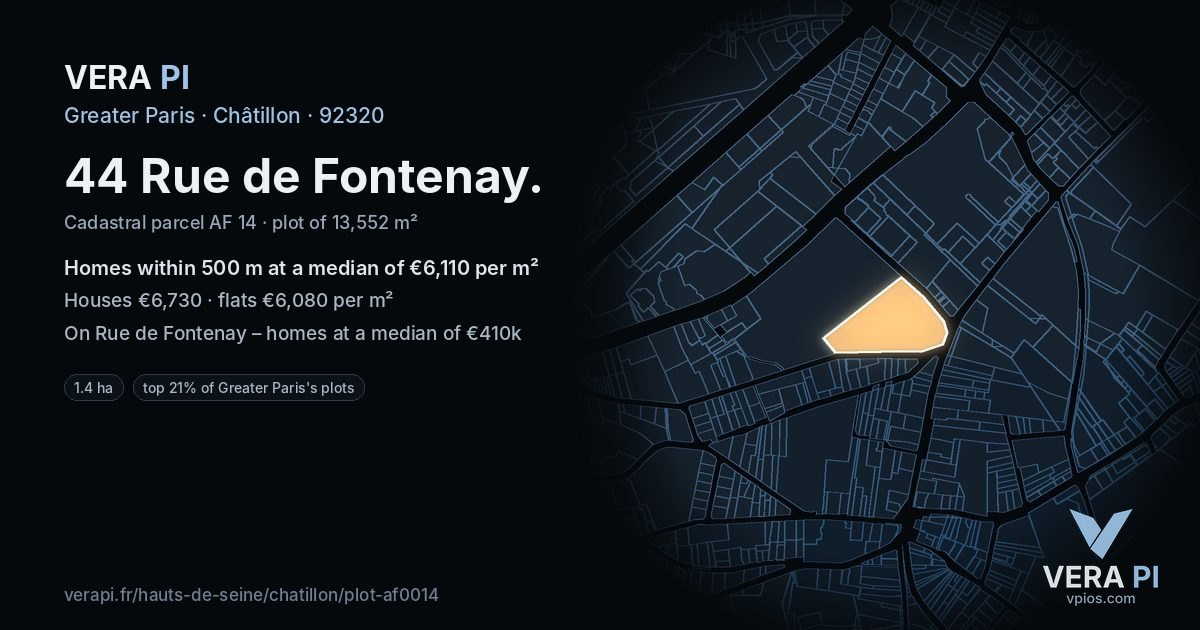 44 Rue de Fontenay, Châtillon at night – the plot lit, the parcels around coloured by the prices near them